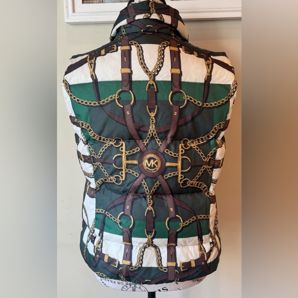 Michael Kors Bold Logo Print Puffer Vest Zip Front Equestrian Purse Straps Chain - Picture 6 of 9